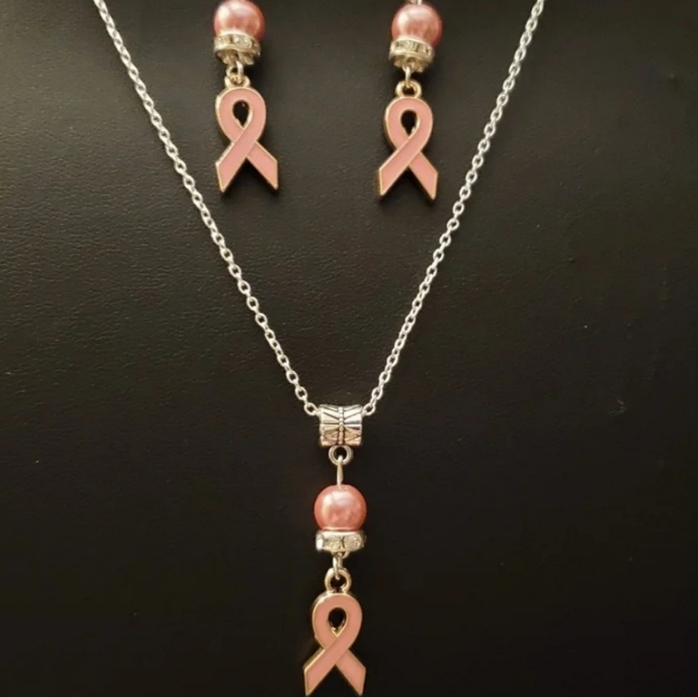 Breast Cancer Awareness necklace earrings NEW